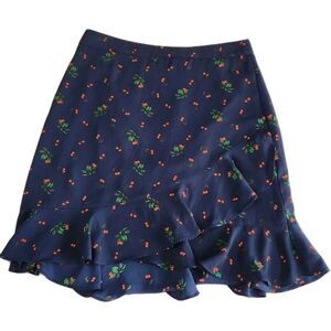 Banana Republic Office Siren Cherry Print Sz 0 Navy Blue Flounce Ruffle Hem